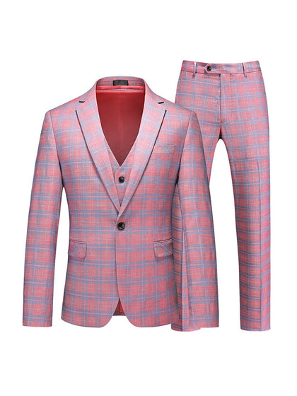 Costume de Fête pour Homme 3 Pièces à Carreaux, Coupe Ajustée, Revers Cranté, Veste Monopoutre à Un Bouton