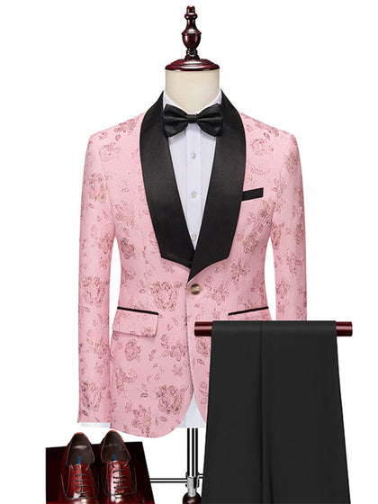 Costume de Fête pour Homme 2 Pièces à Revers Châle Ajusté, Un Bouton, Motif Floral