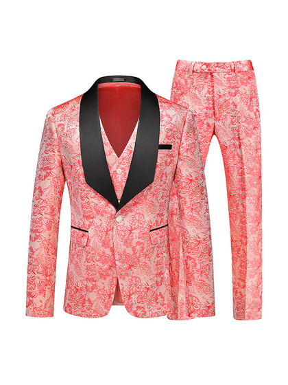 Costume 3 Pièces Homme pour Fête, Coupe Ajustée, Col Châle, Veste Croisée à Un Bouton avec Motif Floral
