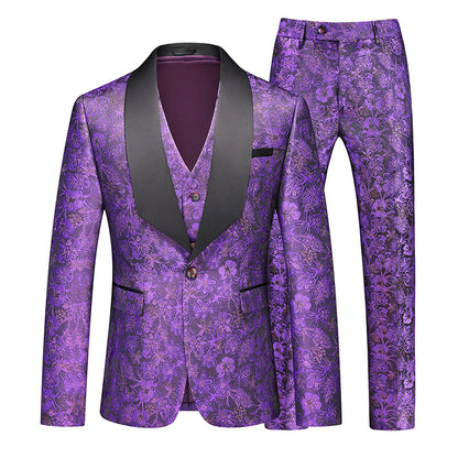 Costume 3 Pièces Homme pour Fête, Coupe Ajustée, Col Châle, Veste Croisée à Un Bouton avec Motif Floral