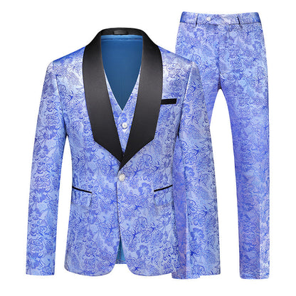 Costume 3 Pièces Homme pour Fête, Coupe Ajustée, Col Châle, Veste Croisée à Un Bouton avec Motif Floral