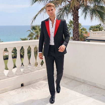 Costume de Soirée en Jacquard 2 Pièces pour Homme, Coupe Ajustée, Revers en Pointe & 6 Boutons