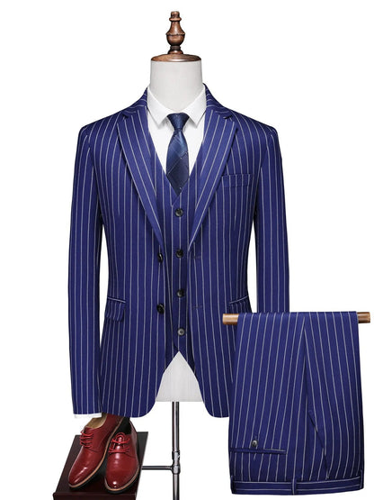 Costume de Mariage 3 Pièces à Rayures pour Hommes, Coupe Ajustée à 1 Bouton