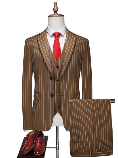 Costume de Mariage 3 Pièces à Rayures pour Hommes, Coupe Ajustée à 1 Bouton