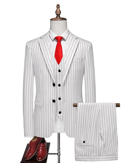 Costume de Mariage 3 Pièces à Rayures pour Hommes, Coupe Ajustée à 1 Bouton