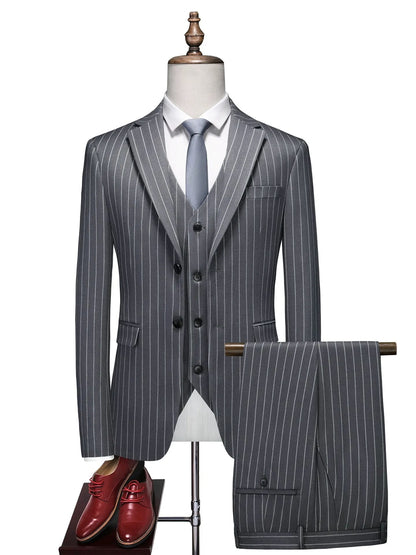 Costume de Mariage 3 Pièces à Rayures pour Hommes, Coupe Ajustée à 1 Bouton