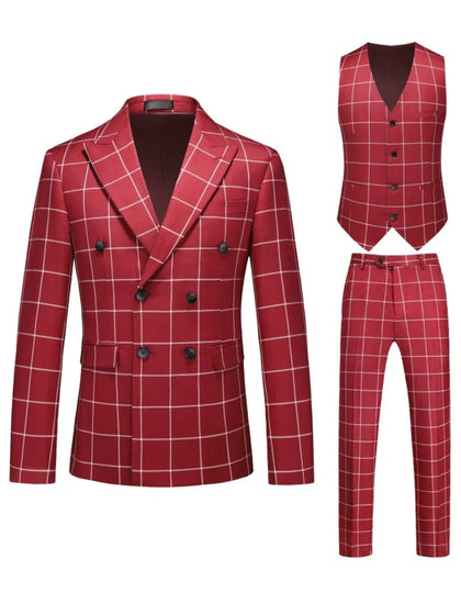 Costume de Mariage 3 Pièces à Carreaux pour Homme, Coupe Ajustée à 1 Bouton