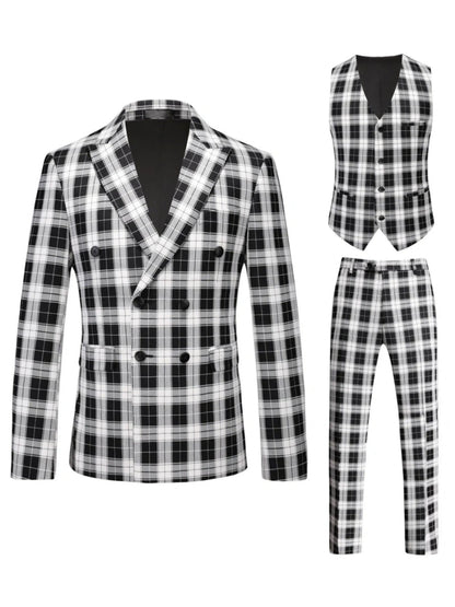 Costume de Mariage 3 Pièces à Carreaux, Coupe Ajustée, Veste Droite à 1 Bouton
