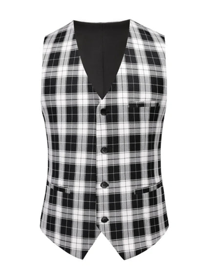 Costume de Mariage 3 Pièces à Carreaux, Coupe Ajustée, Veste Droite à 1 Bouton