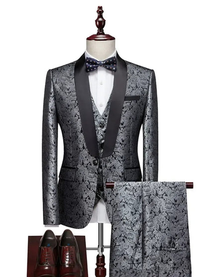 Costume de Mariage 3 Pièces Imprimé pour Homme, Coupe Ajustée à 1 Bouton