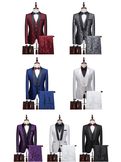 Costume de Mariage 3 Pièces Imprimé pour Homme, Coupe Ajustée à 1 Bouton