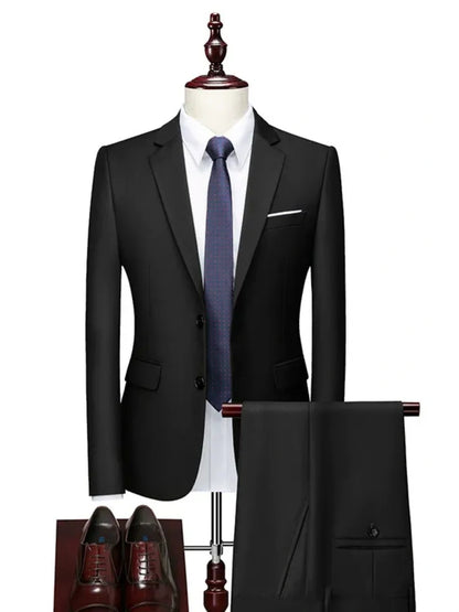 Costume Décontracté 2 Pièces pour Homme, Coupe Ajustée à 2 Boutons, Couleur Unie