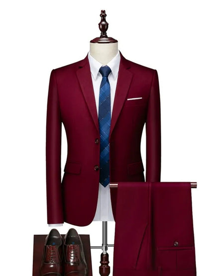 Costume Décontracté 2 Pièces pour Homme, Coupe Ajustée à 2 Boutons, Couleur Unie