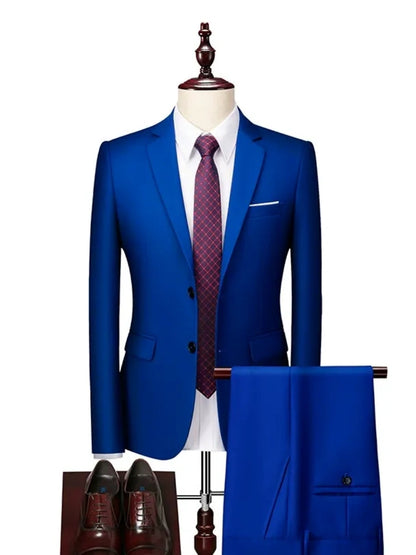 Costume Décontracté 2 Pièces pour Homme, Coupe Ajustée à 2 Boutons, Couleur Unie