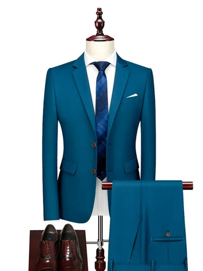 Costume Décontracté 2 Pièces pour Homme, Coupe Ajustée à 2 Boutons, Couleur Unie