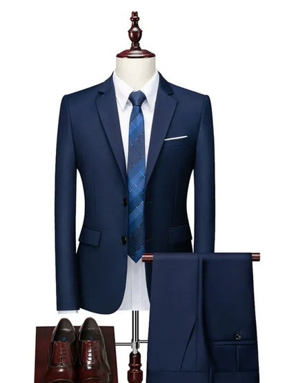Costume Décontracté 2 Pièces pour Homme, Coupe Ajustée à 2 Boutons, Couleur Unie