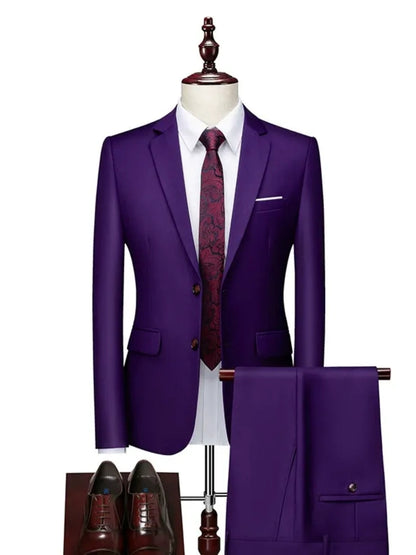 Costume Décontracté 2 Pièces pour Homme, Coupe Ajustée à 2 Boutons, Couleur Unie