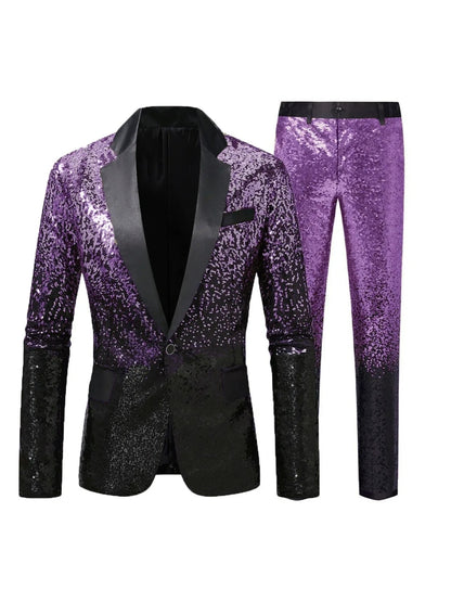 Costume Décontracté 2 Pièces pour Homme à Paillettes en Dégradé, Coupe Ajustée à 1 Bouton