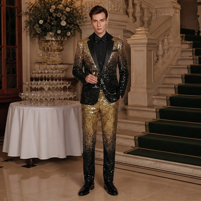 Costume Décontracté 2 Pièces pour Homme à Paillettes en Dégradé, Coupe Ajustée à 1 Bouton