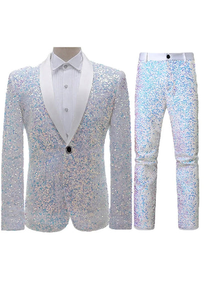 Costume Décontracté 2 Pièces à Paillettes pour Homme, Coupe Ajustée à 1 Bouton