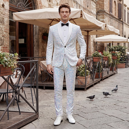 Costume Décontracté 2 Pièces à Paillettes pour Homme, Coupe Ajustée à 1 Bouton