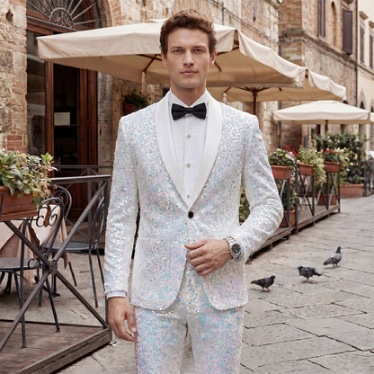 Costume Décontracté 2 Pièces à Paillettes pour Homme, Coupe Ajustée à 1 Bouton