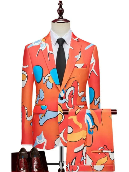 Costume Décontracté 2 Pièces Imprimé pour Homme, Coupe Ajustée à 1 Bouton