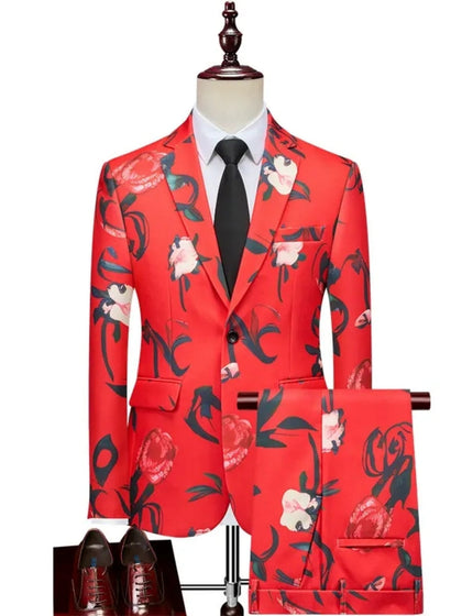 Costume Décontracté 2 Pièces à Imprimé Fleuri pour Homme, Coupe Ajustée à 1 Bouton