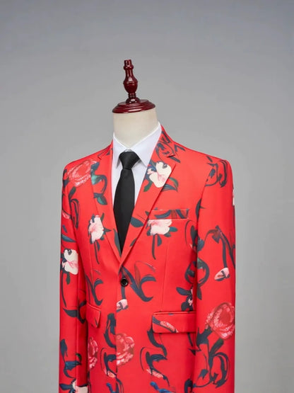 Costume Décontracté 2 Pièces à Imprimé Fleuri pour Homme, Coupe Ajustée à 1 Bouton