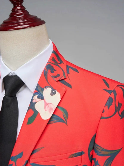 Costume Décontracté 2 Pièces à Imprimé Fleuri pour Homme, Coupe Ajustée à 1 Bouton