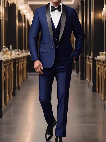 Costume de Mariage 3 Pièces pour Homme, Col Châle & Coupe Ajustée à 1 Bouton, Couleur Unie