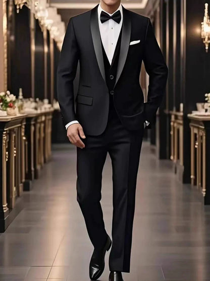 Costume de Mariage 3 Pièces pour Homme, Col Châle & Coupe Ajustée à 1 Bouton, Couleur Unie