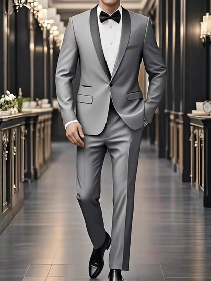 Costume de Mariage 3 Pièces pour Homme, Col Châle & Coupe Ajustée à 1 Bouton, Couleur Unie