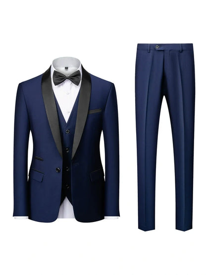 Costume de Mariage 3 Pièces pour Homme, Col Châle & Coupe Ajustée à 1 Bouton, Couleur Unie