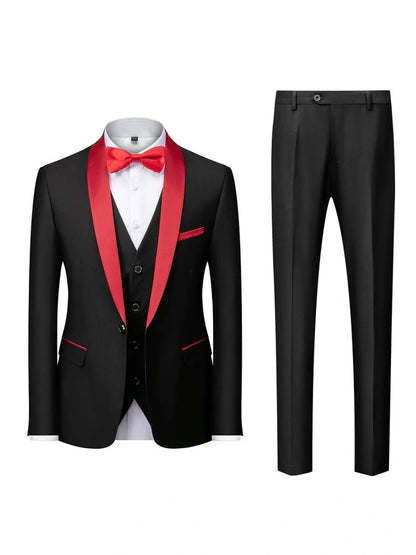 Costume de Mariage 3 Pièces pour Homme, Col Châle & Coupe Ajustée à 1 Bouton, Couleur Unie