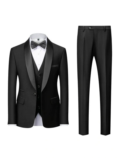 Costume de Mariage 3 Pièces pour Homme, Col Châle & Coupe Ajustée à 1 Bouton, Couleur Unie