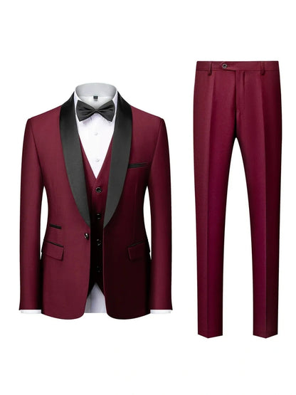 Costume de Mariage 3 Pièces pour Homme, Col Châle & Coupe Ajustée à 1 Bouton, Couleur Unie
