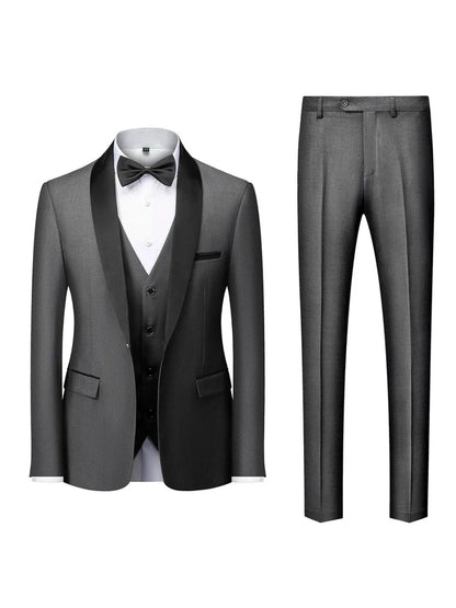 Costume de Mariage 3 Pièces pour Homme, Col Châle & Coupe Ajustée à 1 Bouton, Couleur Unie