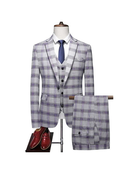 Costume de Soirée 3 Pièces à Carreaux pour Homme, Coupe Ajustée, Revers à Crans & 1 Bouton
