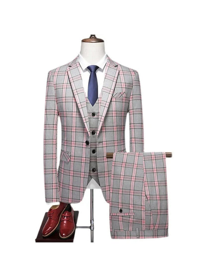 Costume de Soirée 3 Pièces à Carreaux pour Homme, Coupe Ajustée, Revers à Crans & 1 Bouton