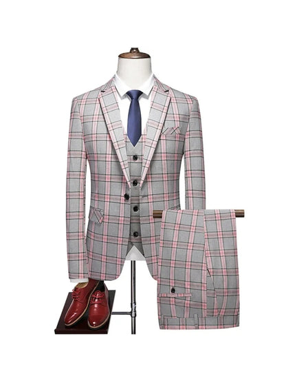 Costume de Soirée 3 Pièces à Carreaux pour Homme, Coupe Ajustée, Revers à Crans & 1 Bouton