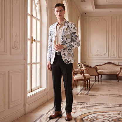 Veste de Soirée Fleurie pour Homme, Coupe Ajustée, Revers à Encoche, Un Bouton