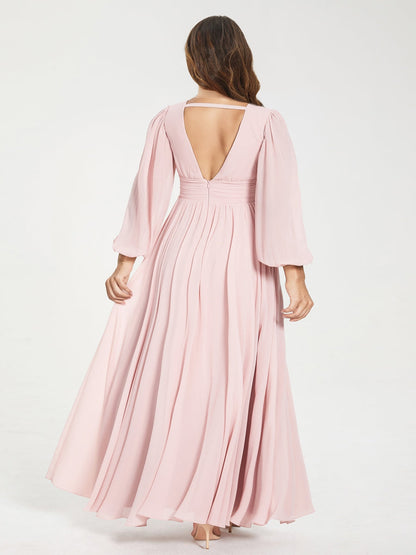 Robe de Demoiselled'Honneur Grande Taille, Coupe Trapèze/Princesse, Col en V, Manches Longues, Fente Latérale et Poches