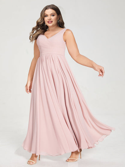 Robe de Demoiselled'Honneur Grande Taille, Coupe Trapèze/Princesse, en Mousseline, Col en V, Sans Manches avec Plis, Longueur au Sol, Lacets