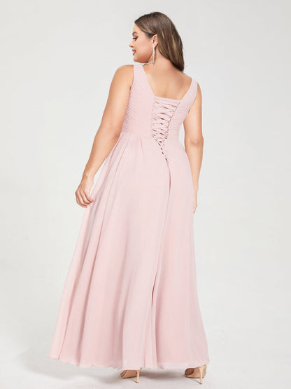 Robe de Demoiselled'Honneur Grande Taille, Coupe Trapèze/Princesse, en Mousseline, Col en V, Sans Manches avec Plis, Longueur au Sol, Lacets
