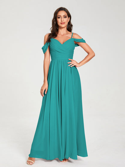 A-ligne/Princesse Mousseline de soie Bretelles spaghetti Épaules dénudées Sans Manches Longueur ras du sol Fendue sur le côté Robes de demoiselle d'honneur