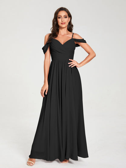 A-ligne/Princesse Mousseline de soie Bretelles spaghetti Épaules dénudées Sans Manches Longueur ras du sol Fendue sur le côté Robes de demoiselle d'honneur
