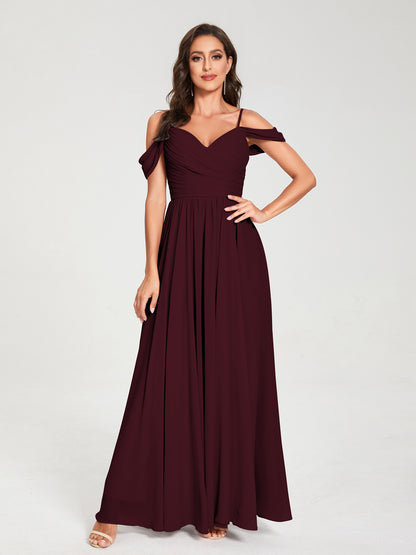 A-ligne/Princesse Mousseline de soie Bretelles spaghetti Épaules dénudées Sans Manches Longueur ras du sol Fendue sur le côté Robes de demoiselle d'honneur