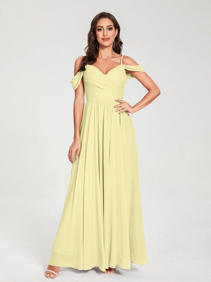 A-ligne/Princesse Mousseline de soie Bretelles spaghetti Épaules dénudées Sans Manches Longueur ras du sol Fendue sur le côté Robes de demoiselle d'honneur
