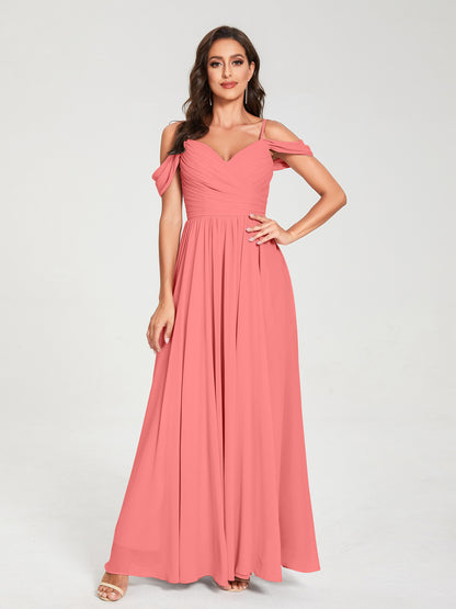 A-ligne/Princesse Mousseline de soie Bretelles spaghetti Épaules dénudées Sans Manches Longueur ras du sol Fendue sur le côté Robes de demoiselle d'honneur